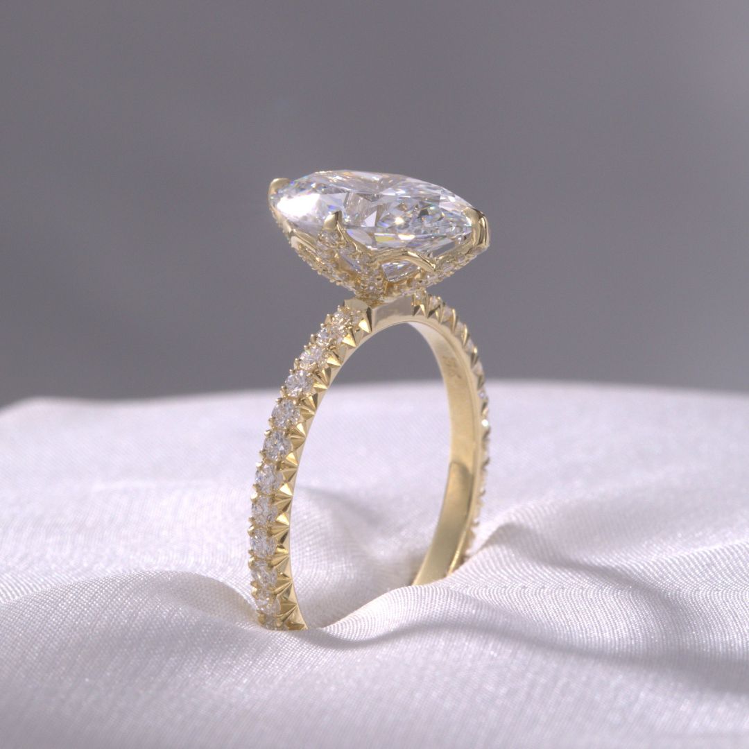 Oval Diamond Full Diamond Tulip Basket French Pave Yellow Gold Engagement Ring