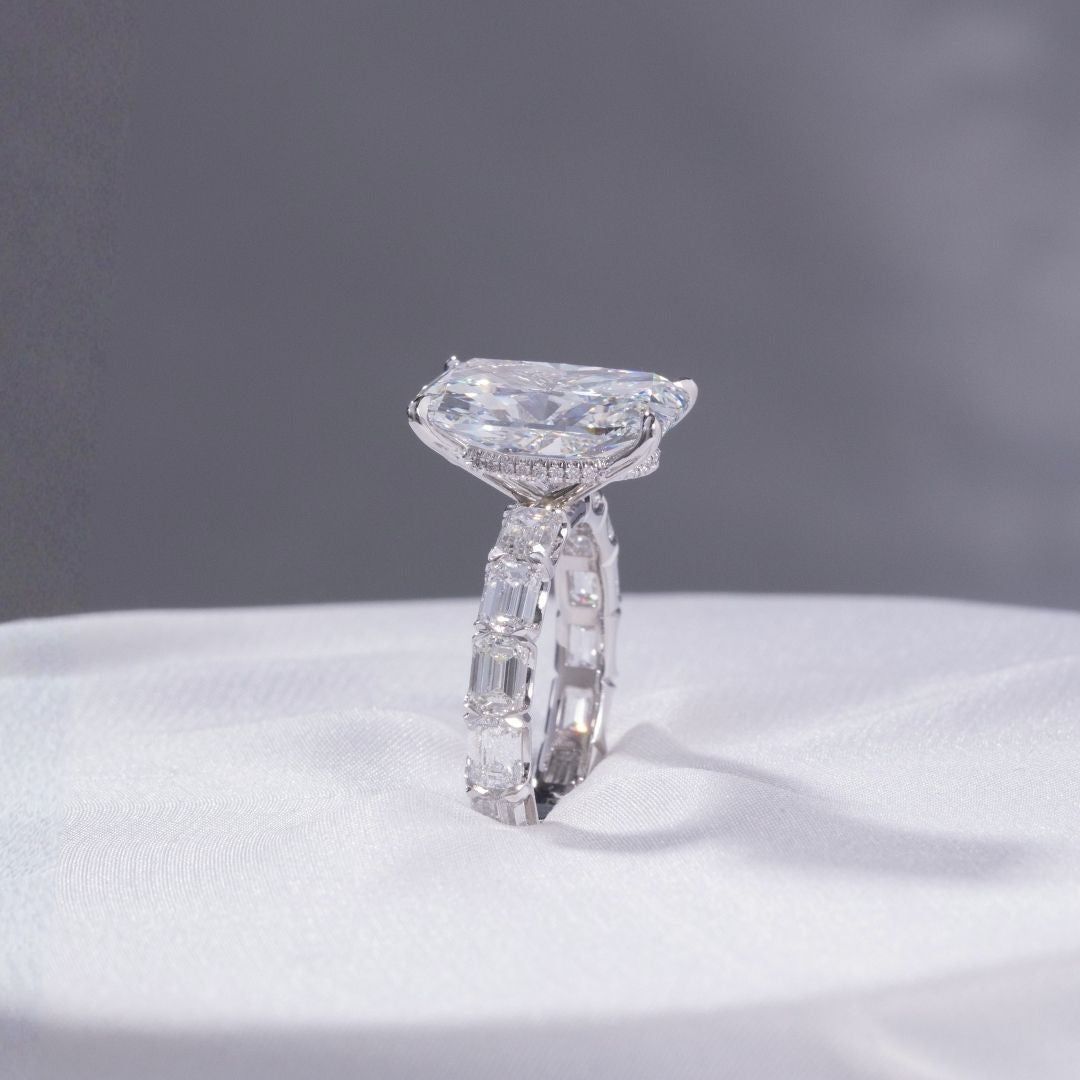 Cushion Diamond Hidden Halo East–West Emerald Cut Diamond Band Platinum Engagement Ring