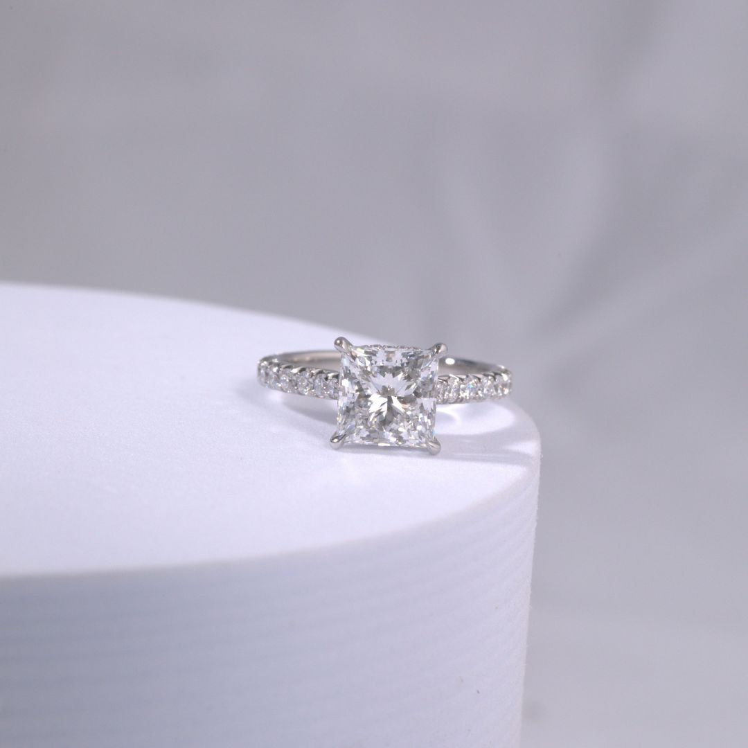 2.82ct Lab Grown Princess Diamond Hidden Halo Tapered Cathedral French Pavé Platinum Engagement Ring