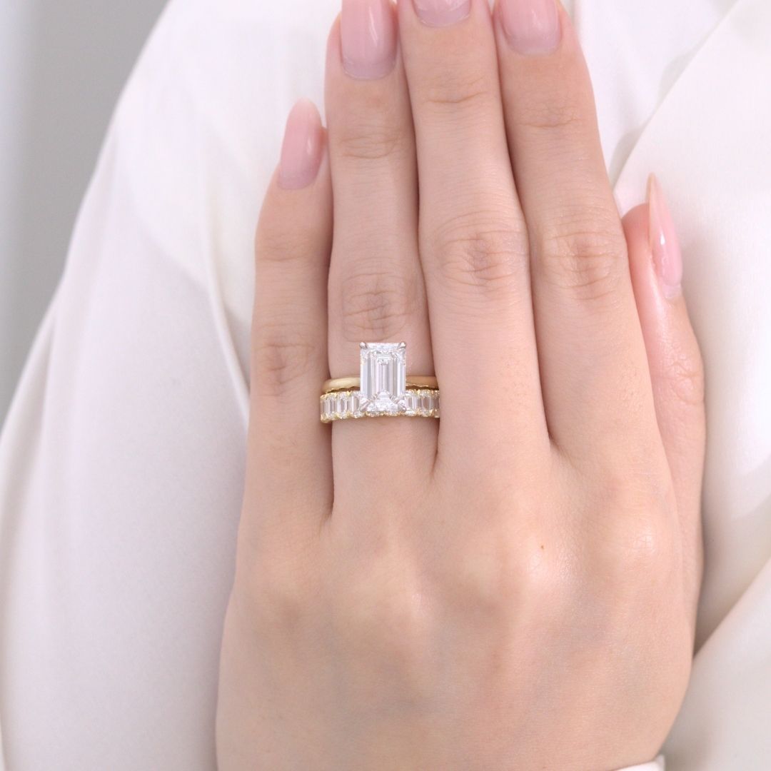 Emerald Diamond Hidden Halo Cathedral Solitaire Yellow Gold and Platinum Engagement Ring