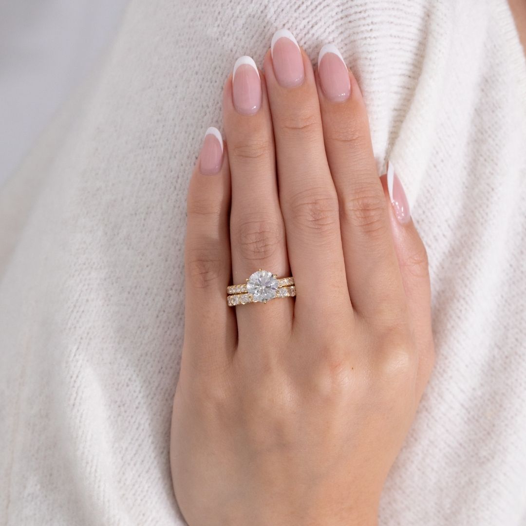 Round Diamond 6 Prong Tulip Basket Tapered Cathedral 3/4 Way French Pave Yellow Gold Engagement Ring
