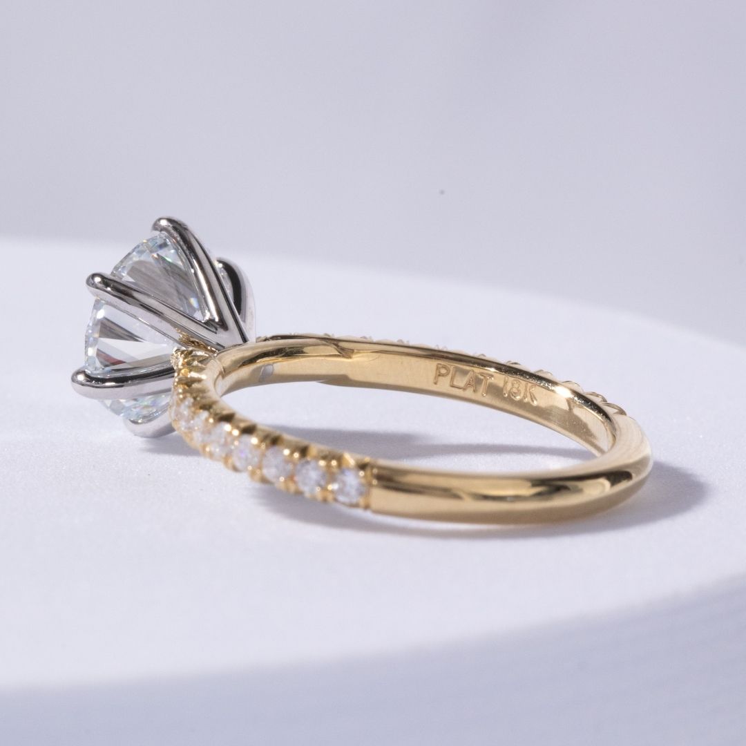 Round Diamond 6 Prong Low Tapered Cathedral French Pave Yellow Gold And Platinum Engagement Ring