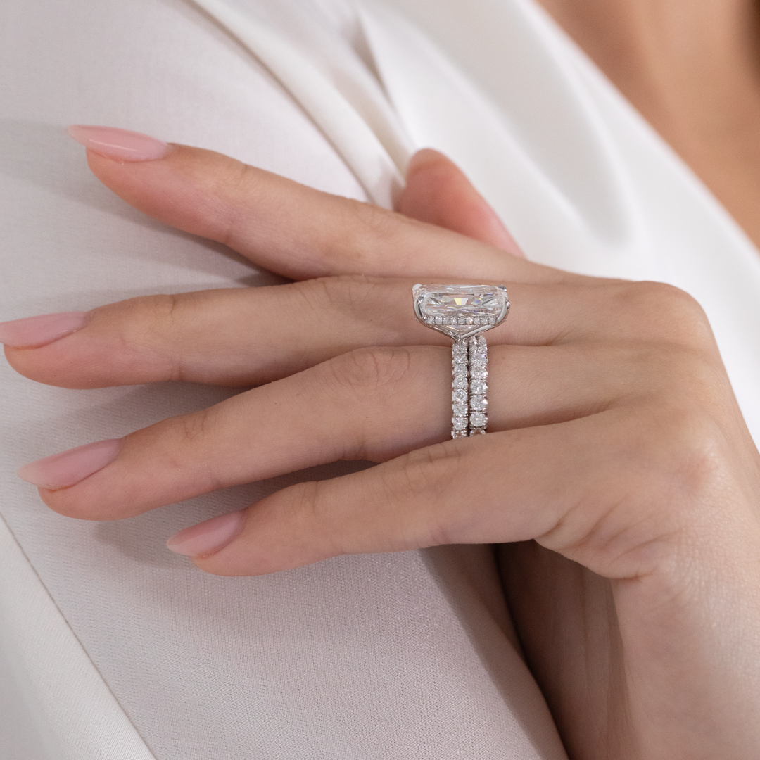 7ct Lab Grown Radiant Diamond Hidden Halo French Pavé Platinum Engagement Ring