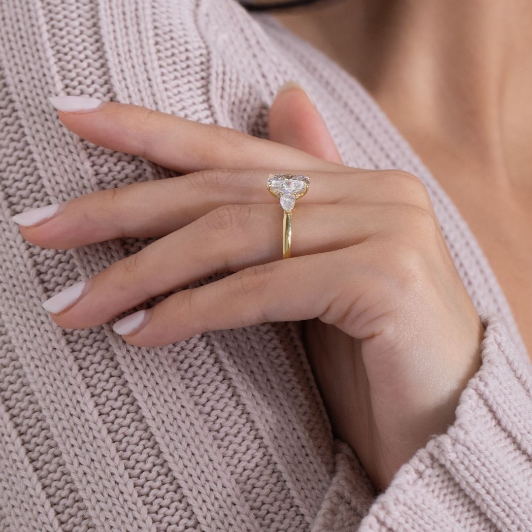 4ct Cushion Cut Diamond 3 Stone Ring with Pears and Hidden Halo Yellow Gold Engagement Ring