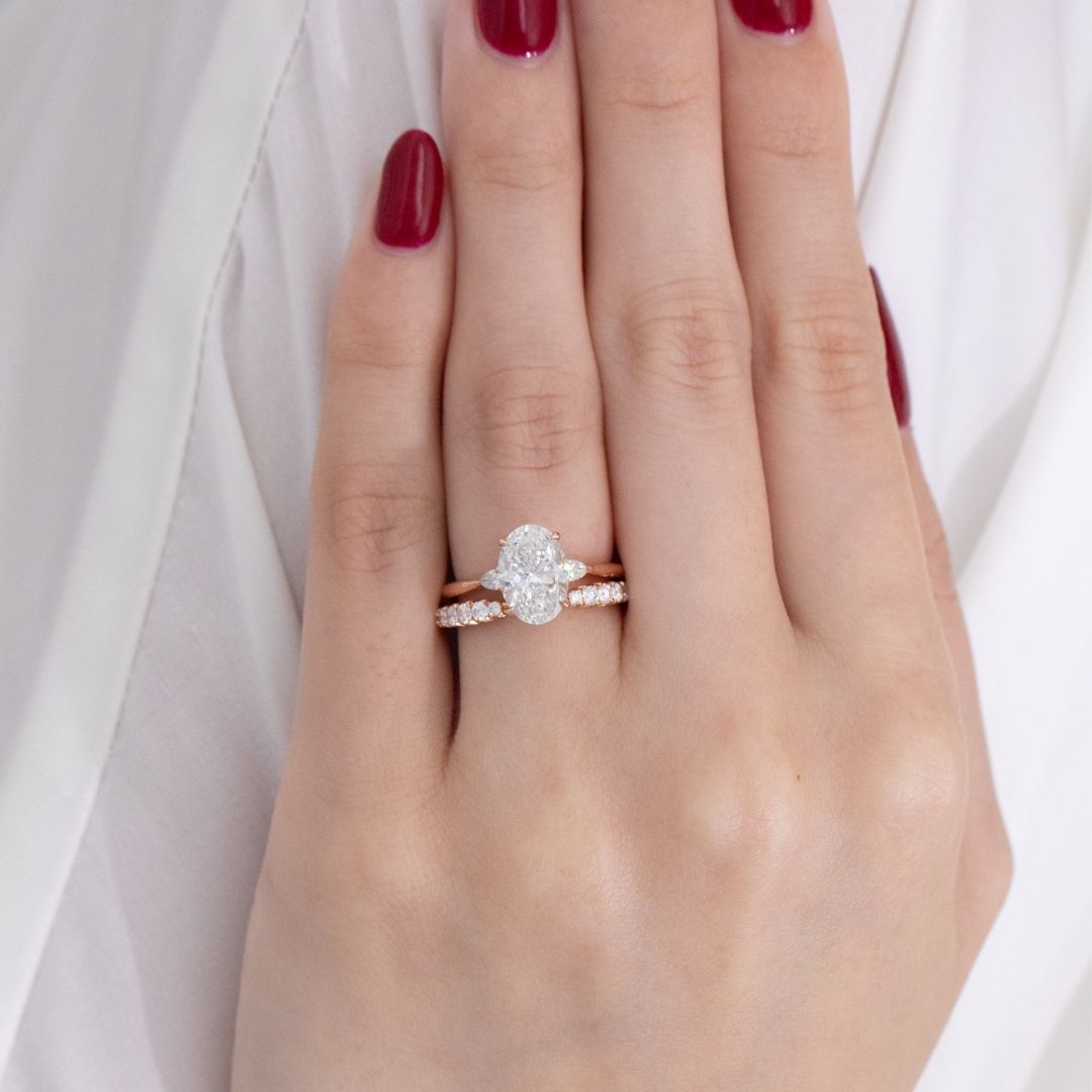 Oval Diamond 3 Stone Pear Shape Side Stones Rose Gold Engagement Ring