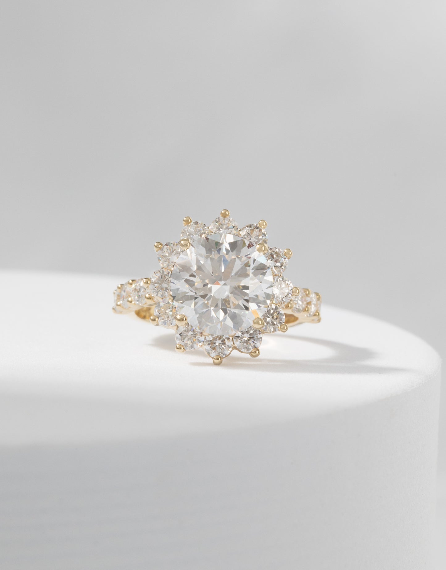 Round Diamond La Fleur Halo Shared Prong Band Yellow Gold Engagement Ring
