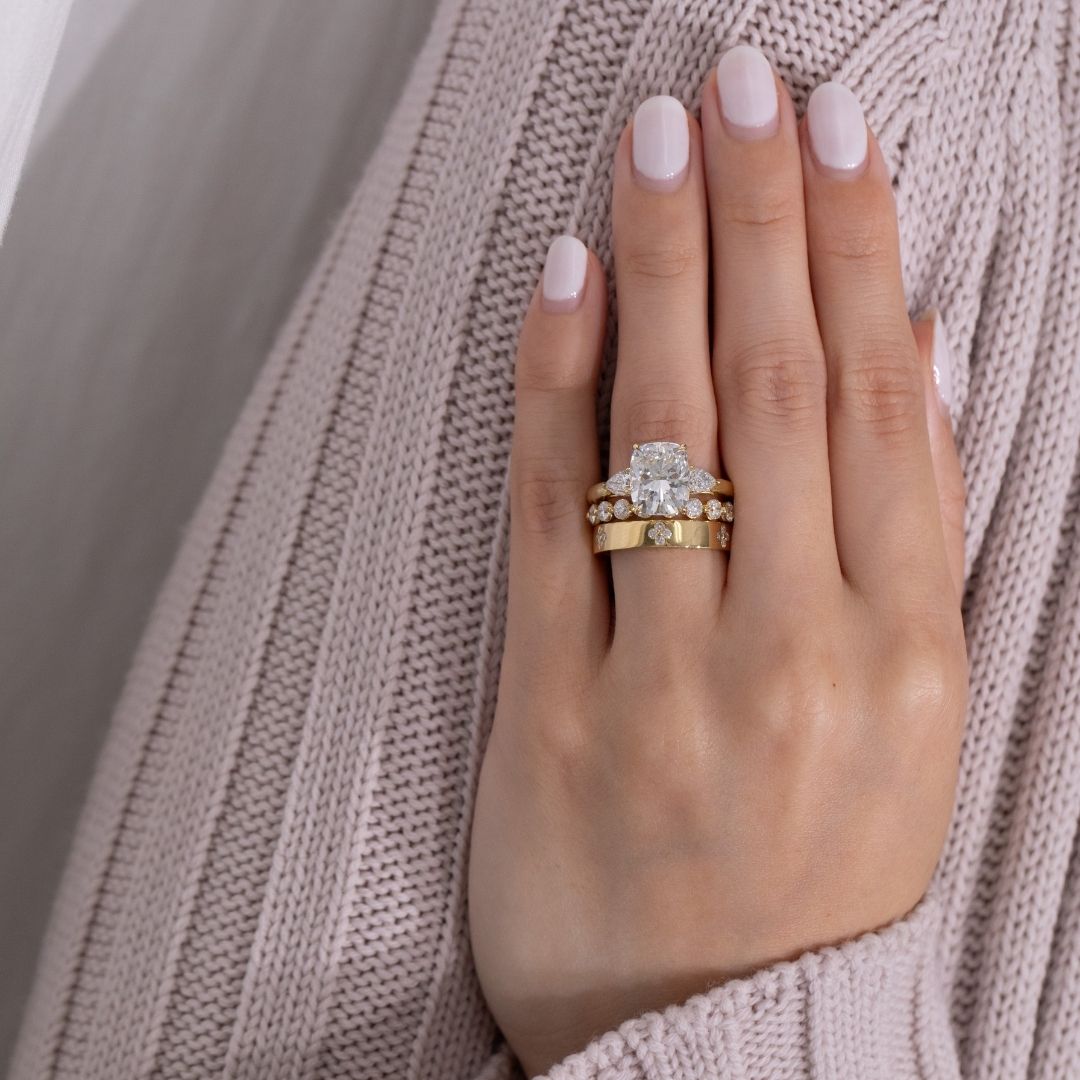4ct Cushion Cut Diamond 3 Stone Ring with Pears and Hidden Halo Yellow Gold Engagement Ring
