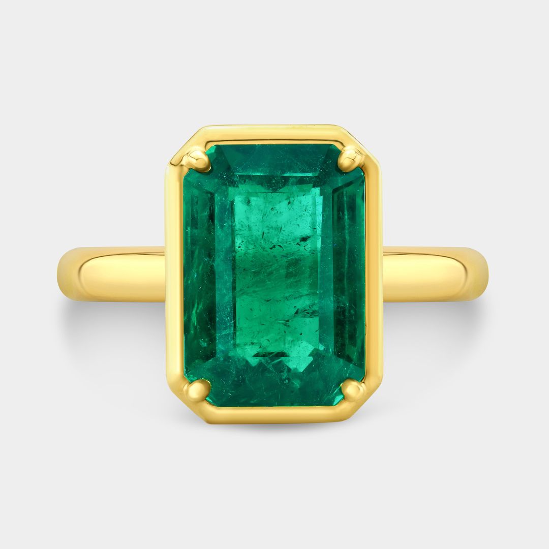 4ct Emerald Cut Green Emerald Mira Bezel Set Yellow Gold Engagement Ring