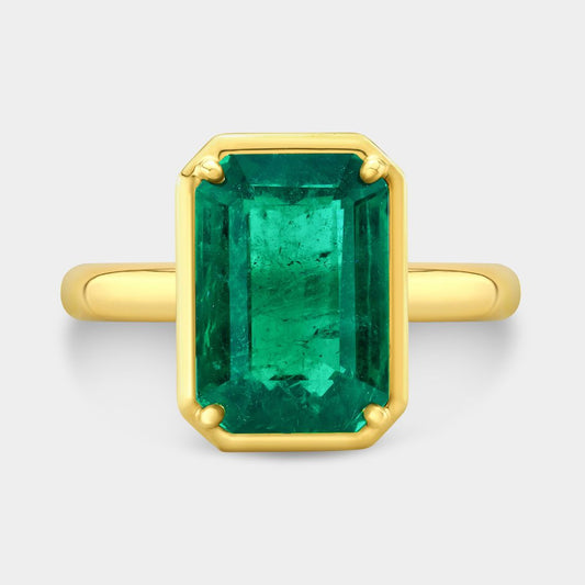4ct Emerald Cut Green Emerald Mira Bezel Set Yellow Gold Engagement Ring