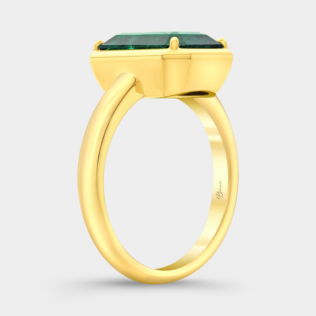 4ct Emerald Cut Green Emerald Mira Bezel Set Yellow Gold Engagement Ring