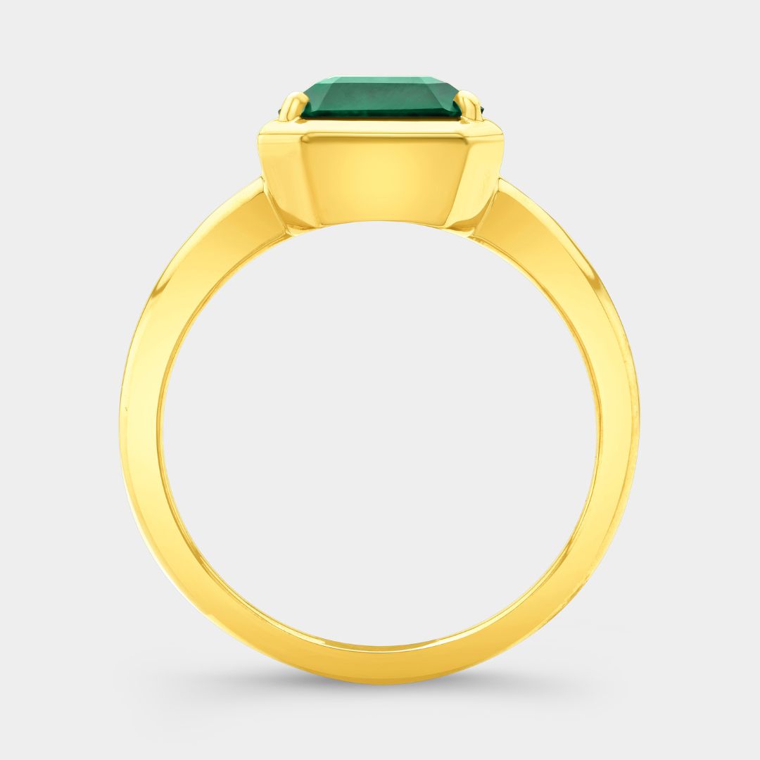 4ct Emerald Cut Green Emerald Mira Bezel Set Yellow Gold Engagement Ring