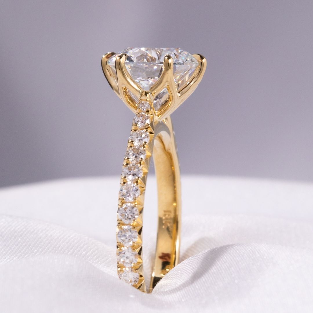 Round Diamond 6 Prong Tulip Basket Tapered Cathedral 3/4 Way French Pave Yellow Gold Engagement Ring