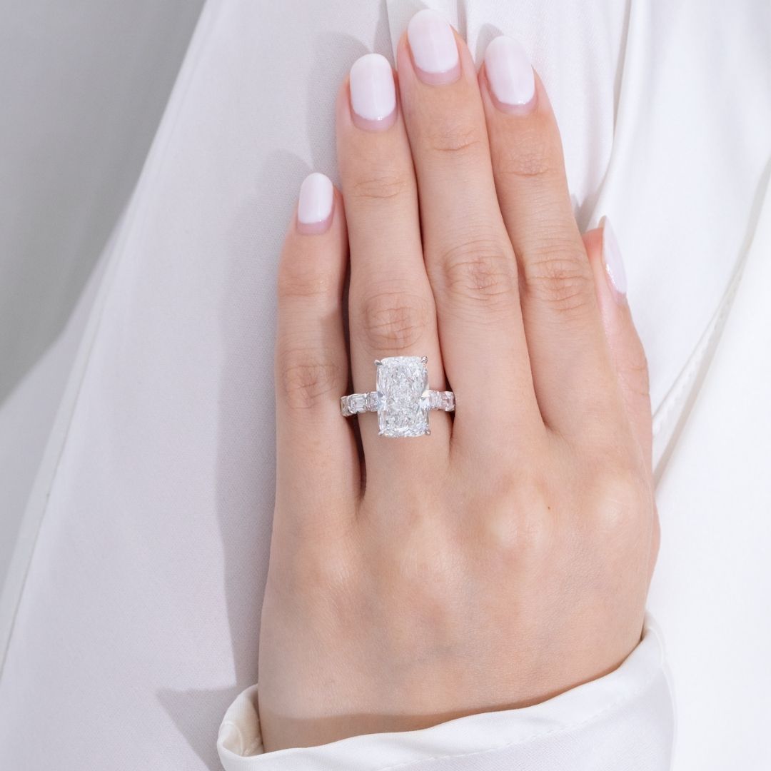 Cushion Diamond Hidden Halo East–West Emerald Cut Diamond Band Platinum Engagement Ring