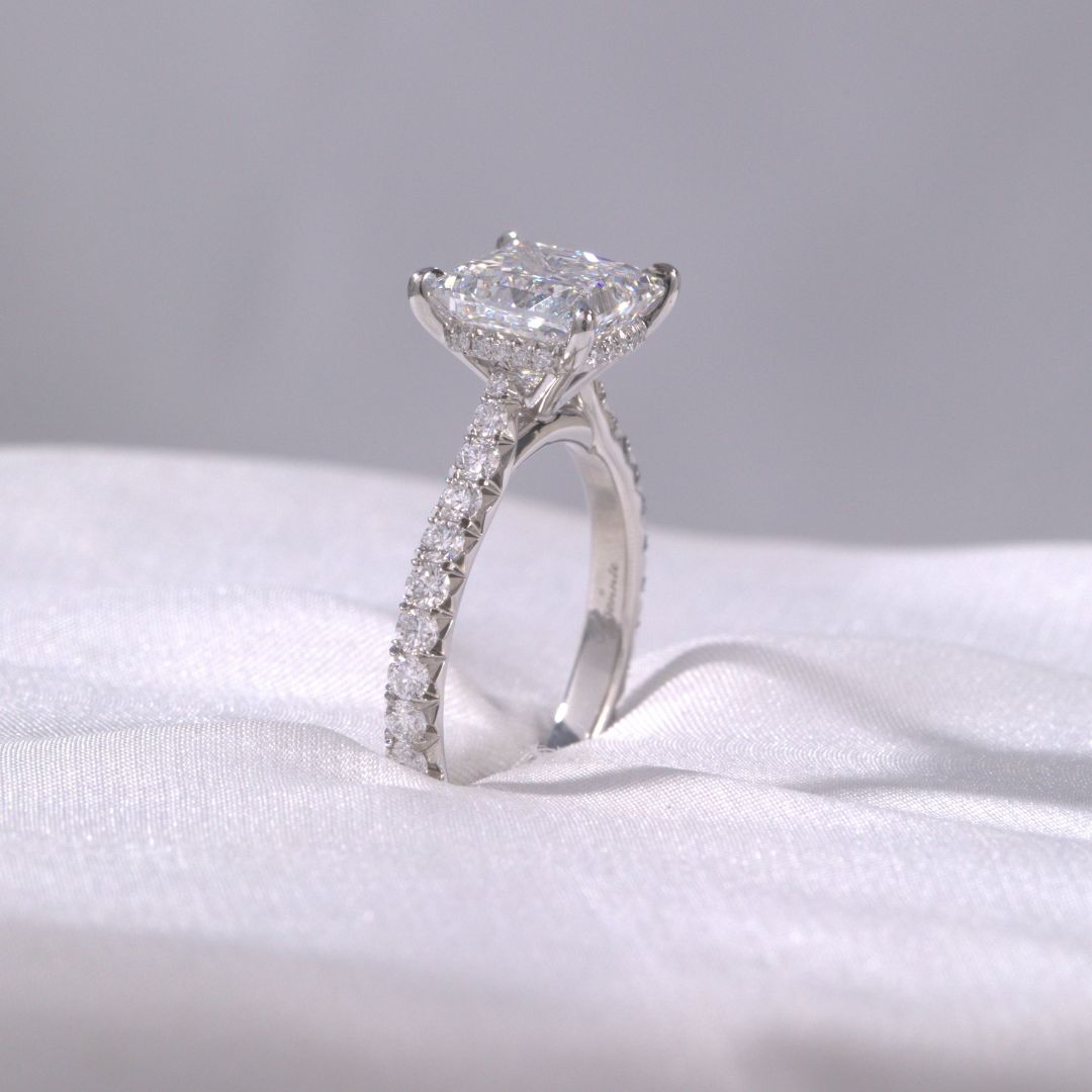 2.82ct Lab Grown Princess Diamond Hidden Halo Tapered Cathedral French Pavé Platinum Engagement Ring