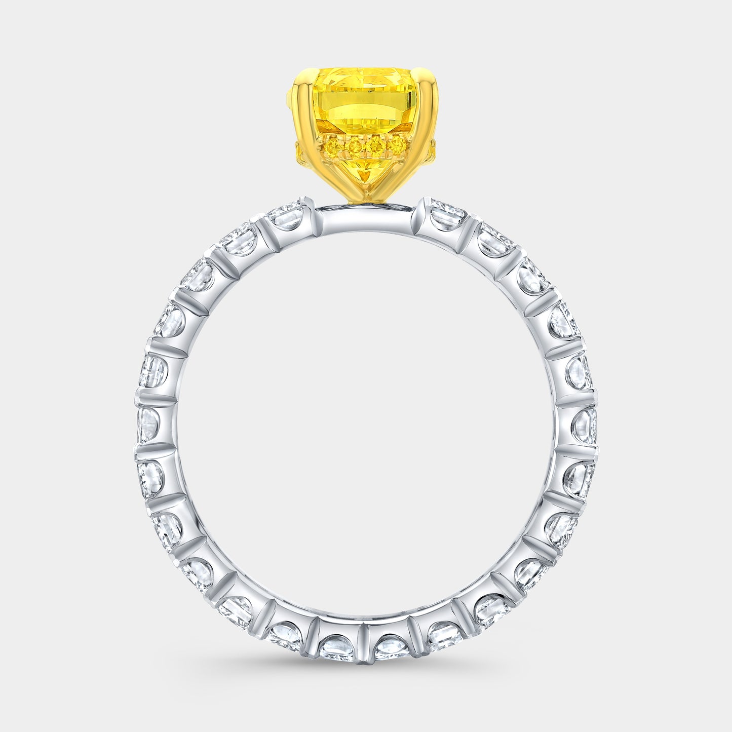 3ct Cushion Canary Yellow Diamond with Radiant Cut Diamond Eternity Ring