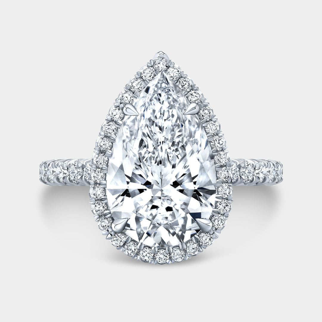 2.55ct Lab Grown Pear Shape Diamond Delicate Halo French Pave Platinum Engagement Ring