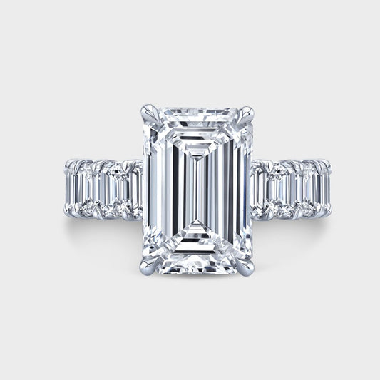 5.13ct Lab Emerald Cut Diamond with Emerald Side Diamonds Platinum Engagement Ring