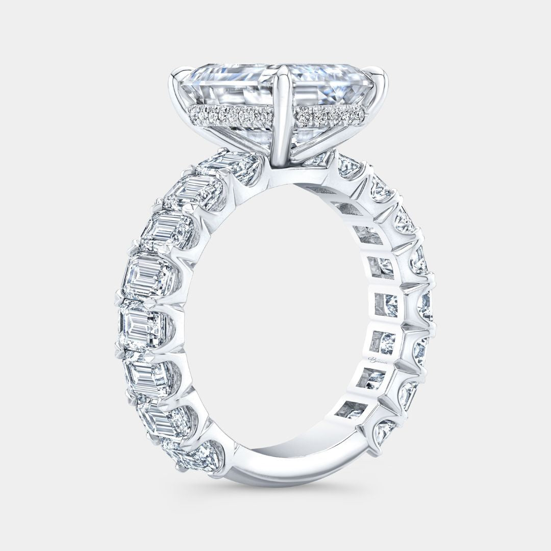 5.13ct Lab Emerald Cut Diamond with Emerald Side Diamonds Platinum Engagement Ring