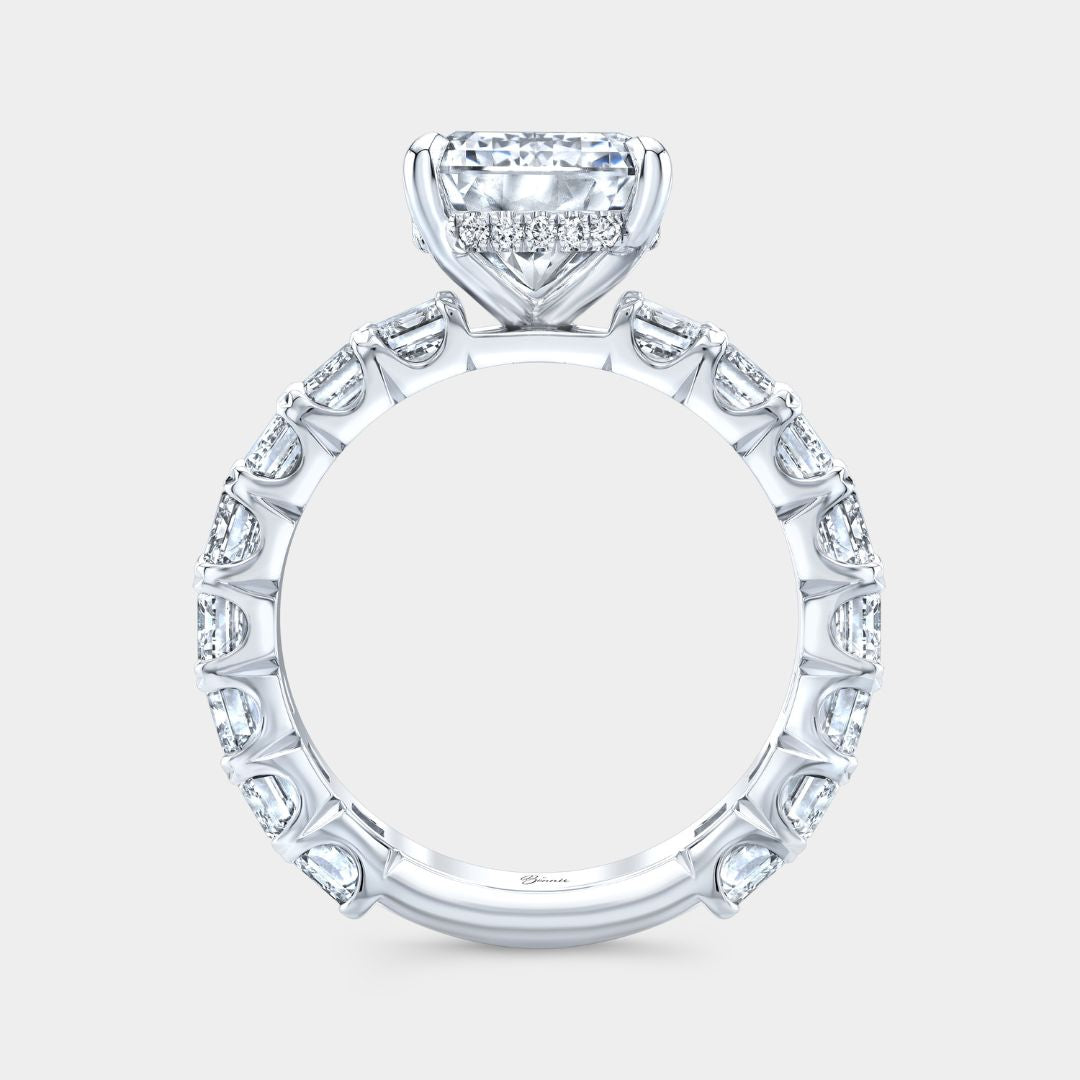 5.13ct Lab Emerald Cut Diamond with Emerald Side Diamonds Platinum Engagement Ring