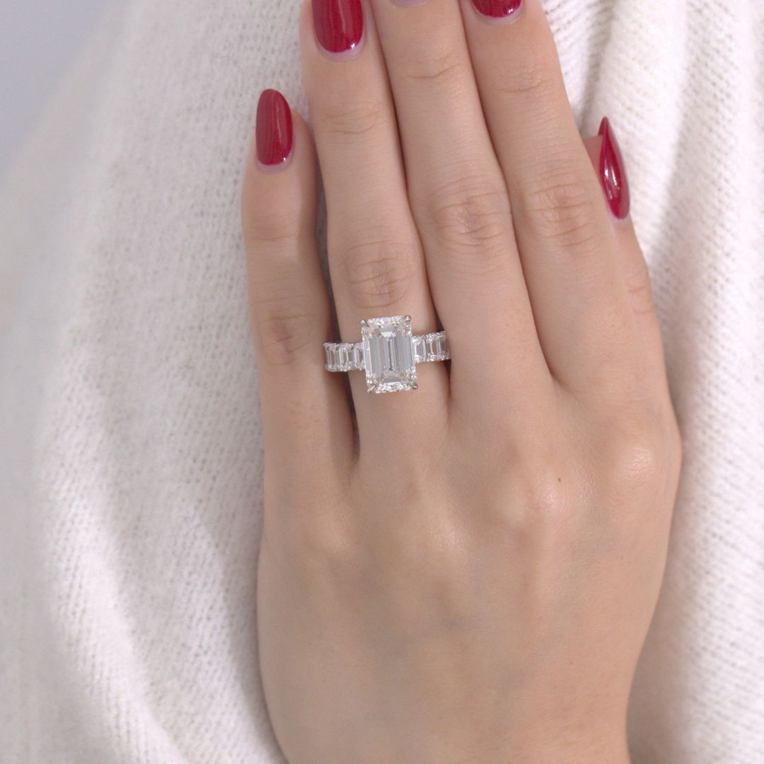 5.13ct Lab Emerald Cut Diamond with Emerald Side Diamonds Platinum Engagement Ring
