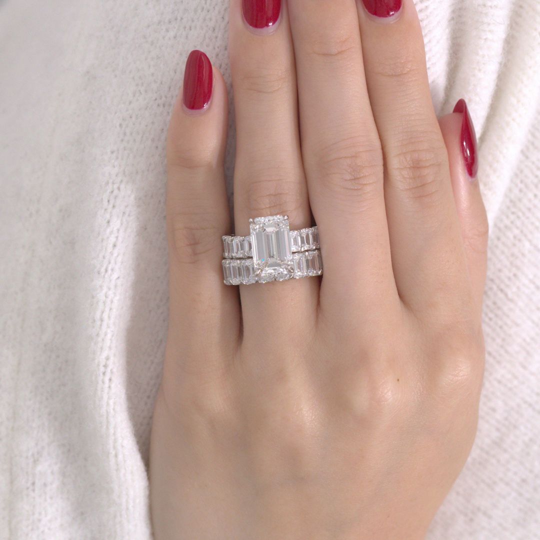 5.13ct Lab Emerald Cut Diamond with Emerald Side Diamonds Platinum Engagement Ring