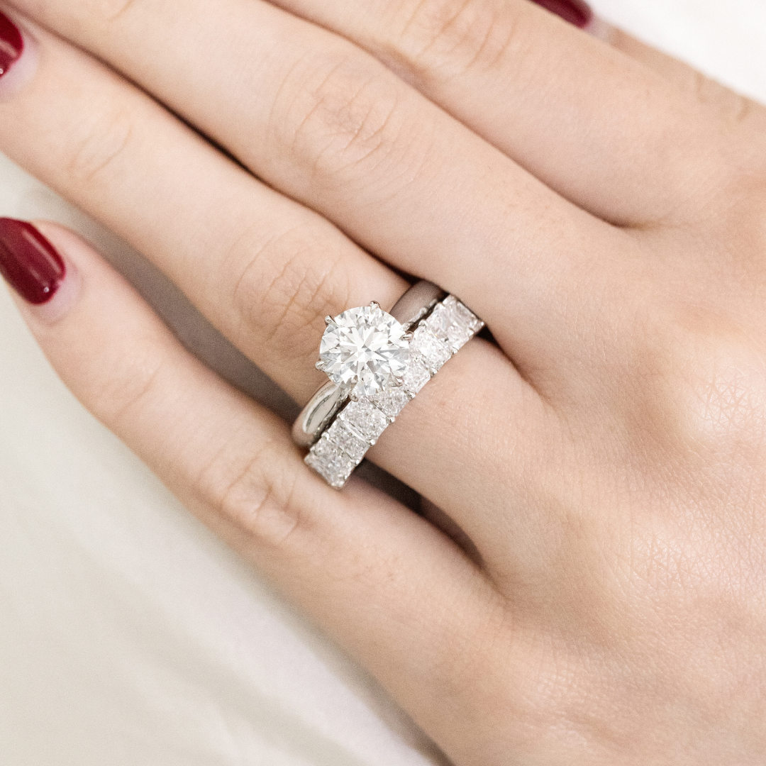 By Bonnie Chloe platinum 3.80mm wedding ring with radiant diamonds