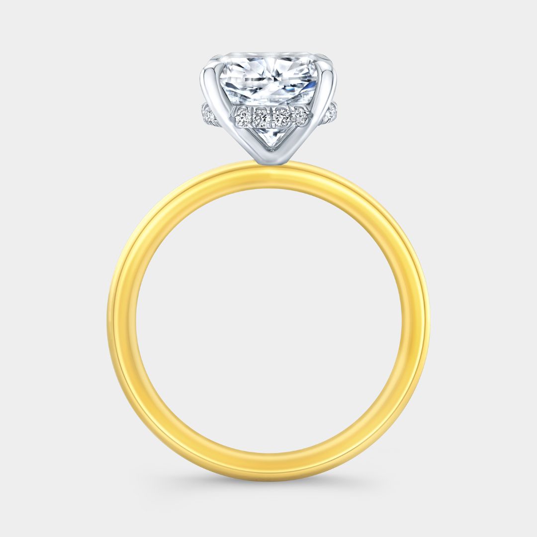 By Bonnie engagement ring with cushion diamond and hidden halo in yellow gold and platinum