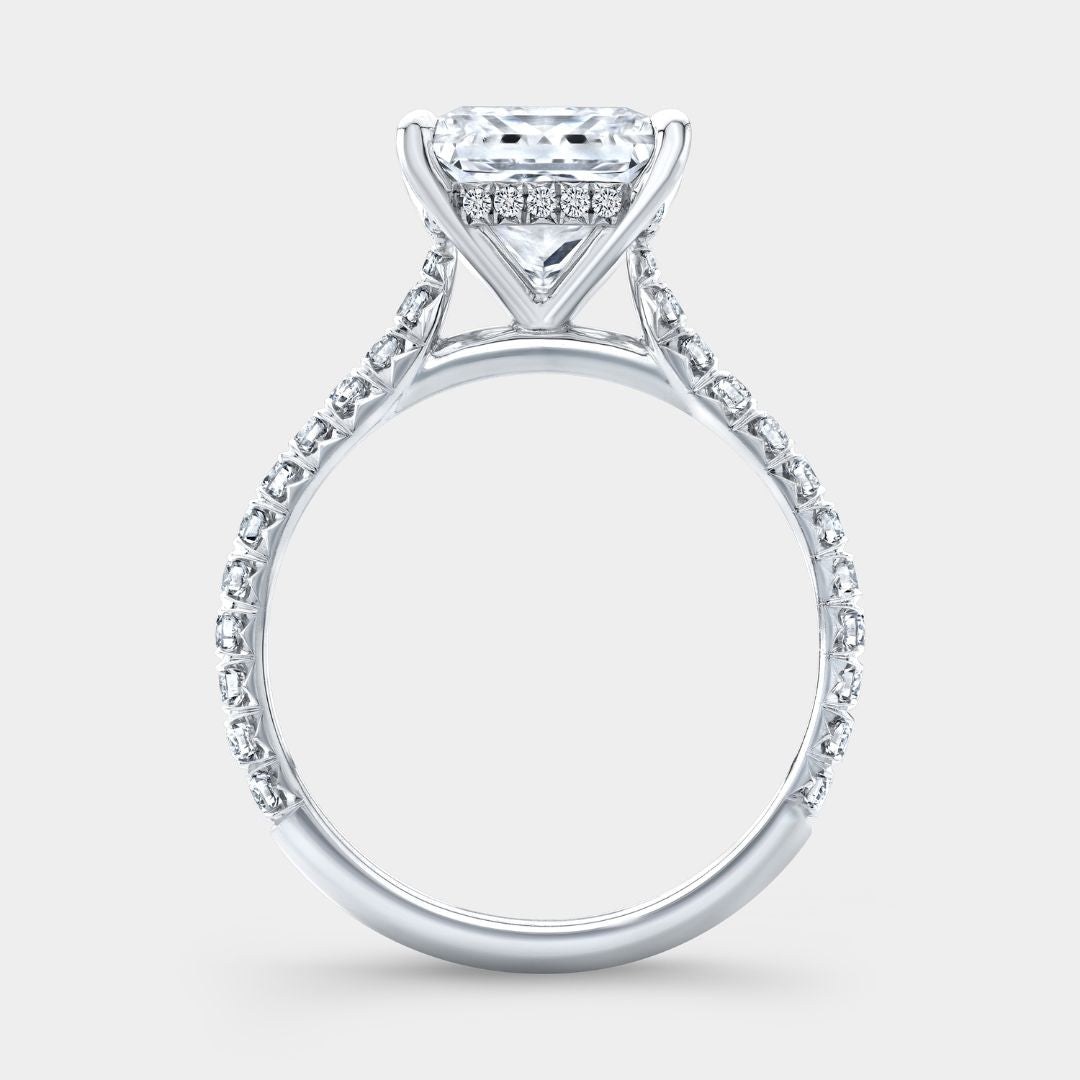 By Bonnie platinum engagement ring with princess diamond, hidden halo, and tapered pavé setting