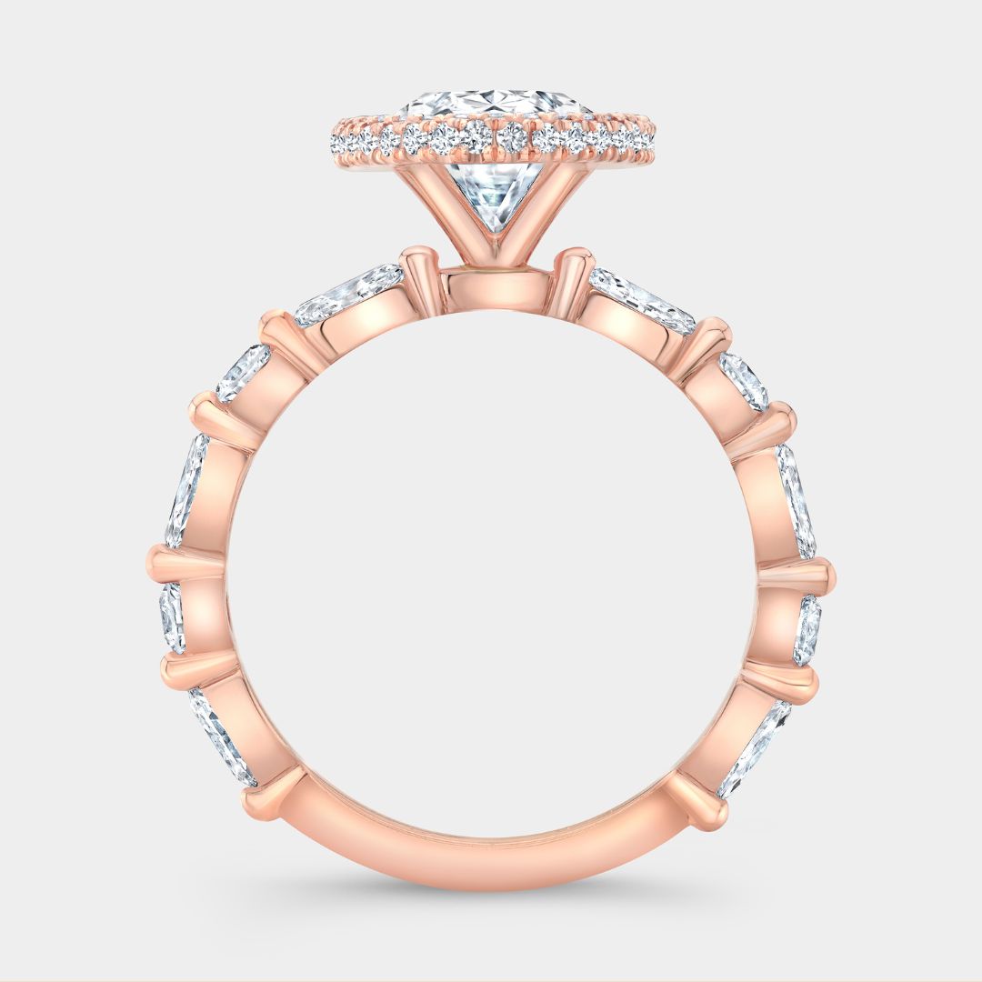 By Bonnie rose gold engagement ring with oval diamond, seamless halo, and mixed diamond shapes