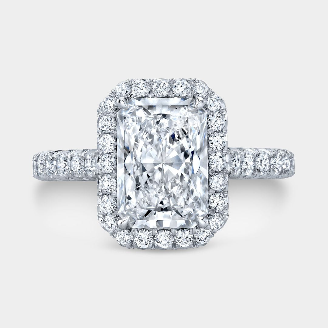 Radiant Diamond Seamless Halo Cathedral French Pave Platinum Engagement Ring