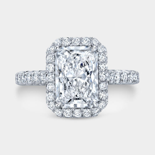 Radiant Diamond Seamless Halo Cathedral French Pave Platinum Engagement Ring