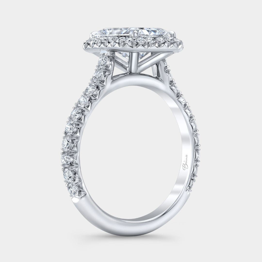 Radiant Diamond Seamless Halo Cathedral French Pave Platinum Engagement Ring