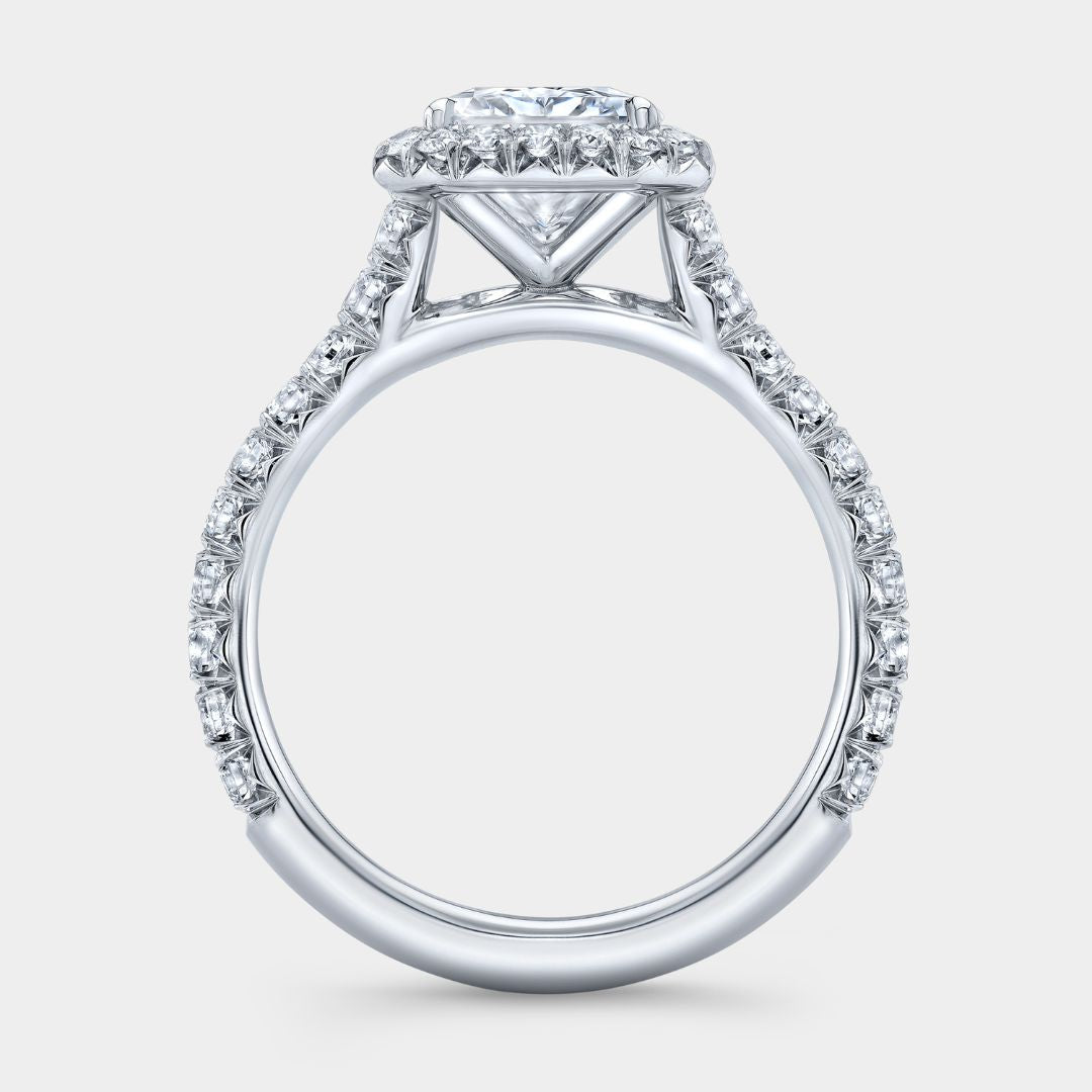 Radiant Diamond Seamless Halo Cathedral French Pave Platinum Engagement Ring