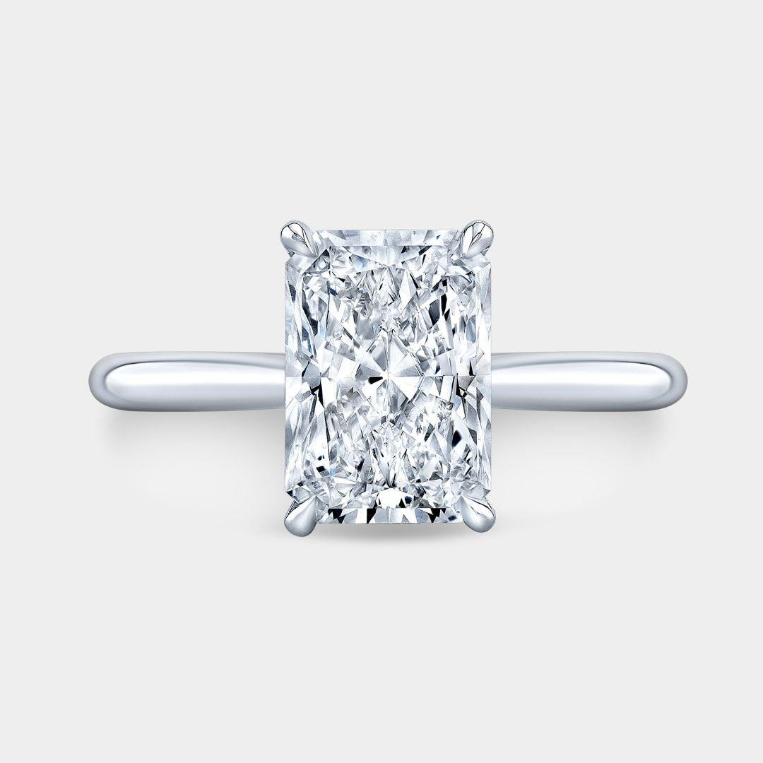 Radiant Diamond Tulip Low Tapered Cathedral Solitaire Platinum Engagement Ring