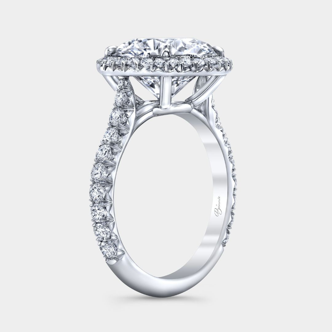 Round Diamond Seamless Halo Cathedral French Pave Platinum Engagement Ring