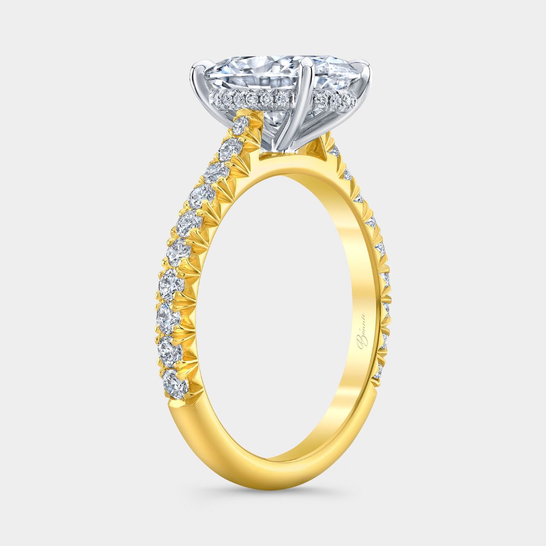 Oval Diamond Tapered Cathedral French Pave Hidden Halo Yellow Gold And Platinum Engagement Ring