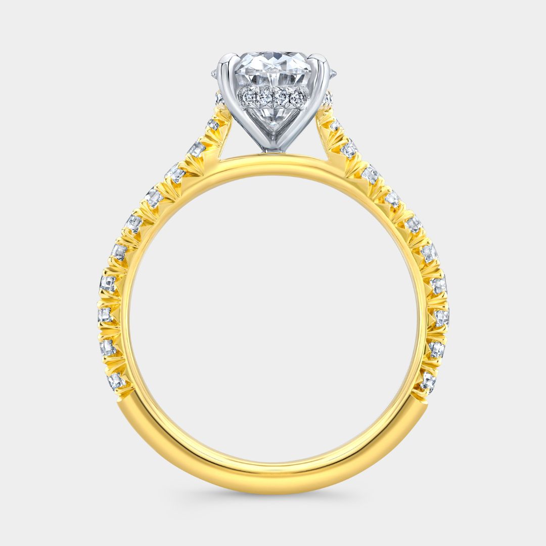 Oval Diamond Tapered Cathedral French Pave Hidden Halo Yellow Gold And Platinum Engagement Ring