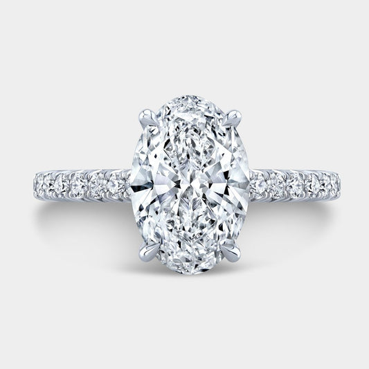 Oval Diamond Tapered Cathedral French Pave Hidden Halo Engagement Ring