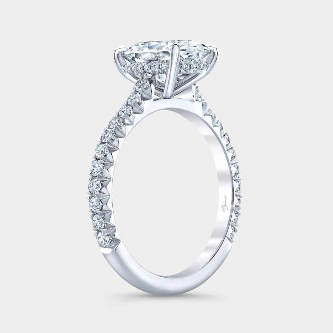 Oval Diamond Tapered Cathedral French Pave Hidden Halo Engagement Ring