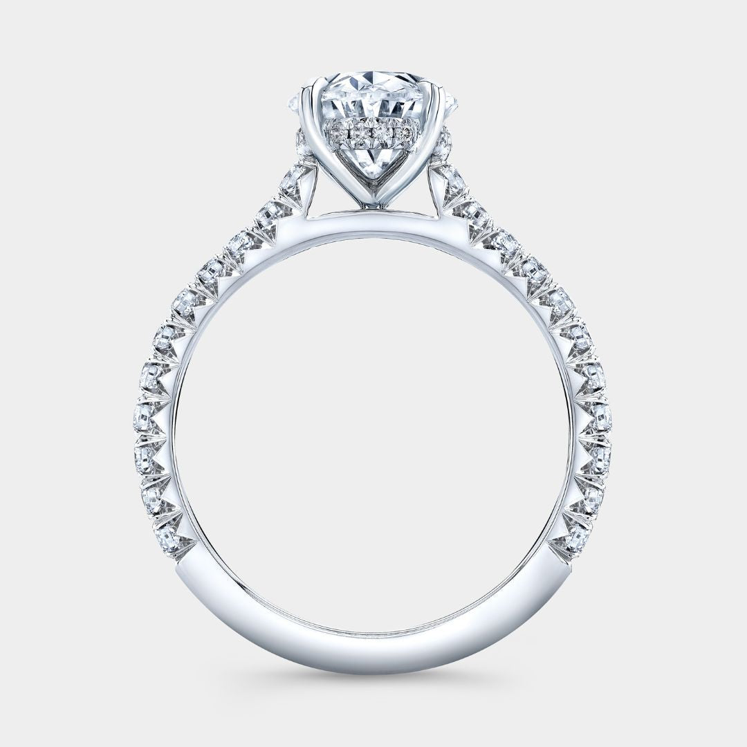 Oval Diamond Tapered Cathedral French Pave Hidden Halo Engagement Ring