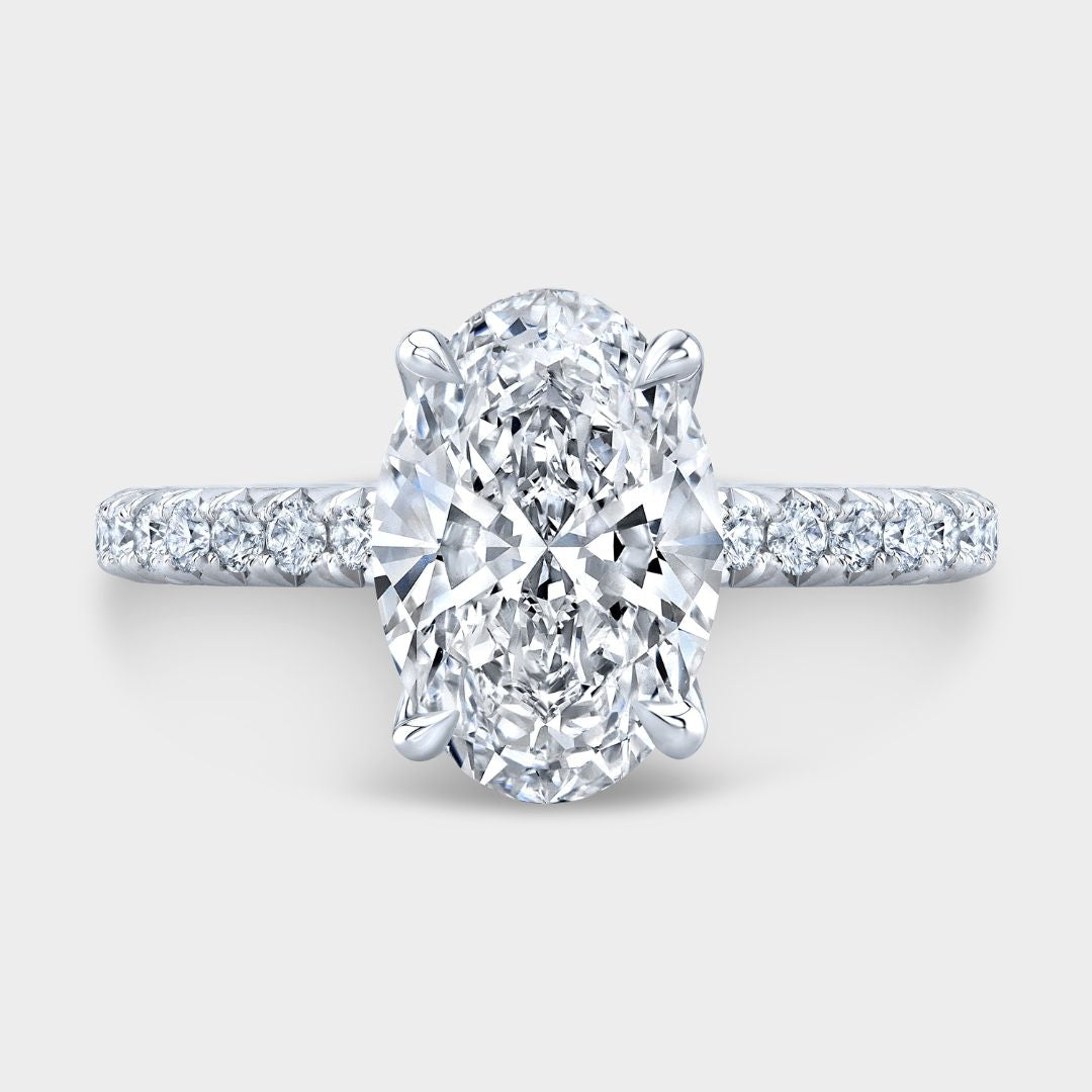 Oval Diamond Tulip Tapered Cathedral Diamond Bridge French Pave Platinum Engagement Ring
