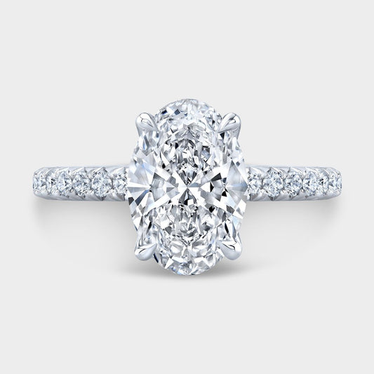 Oval Diamond Tulip Tapered Cathedral Diamond Bridge French Pave Platinum Engagement Ring