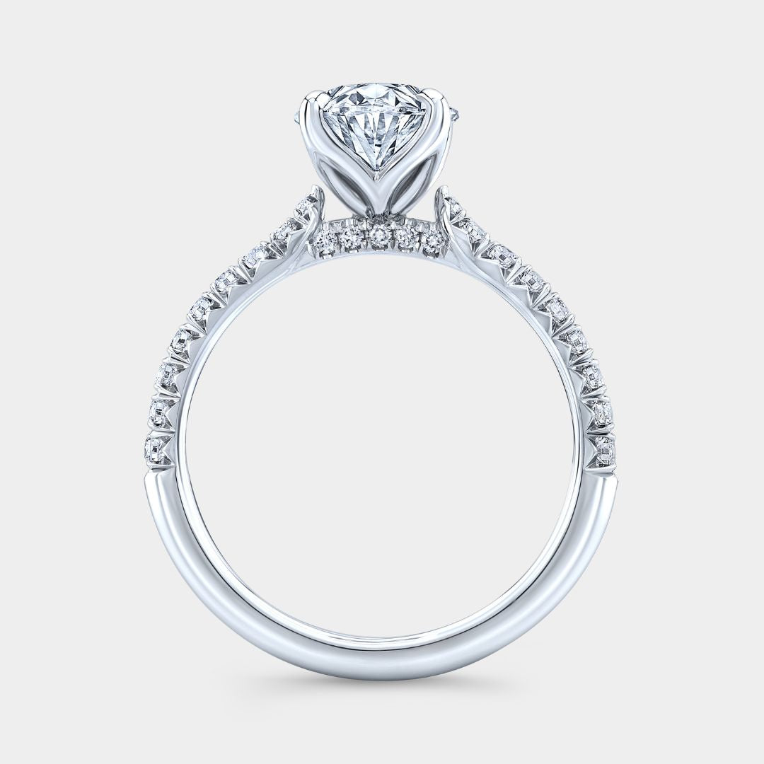 Oval Diamond Tulip Tapered Cathedral Diamond Bridge French Pave Platinum Engagement Ring