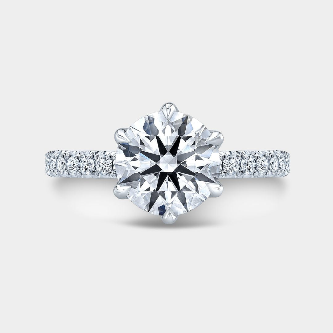 Round Diamond 6 Prong Tulip Tapered Cathedral with French Pave Platinum Engagement Ring