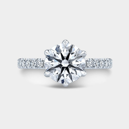 Round Diamond 6 Prong Tulip Tapered Cathedral with French Pave Platinum Engagement Ring