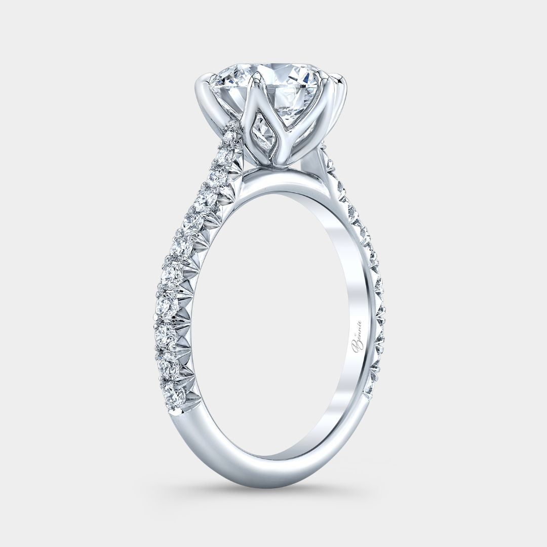 Round Diamond 6 Prong Tulip Tapered Cathedral with French Pave Platinum Engagement Ring