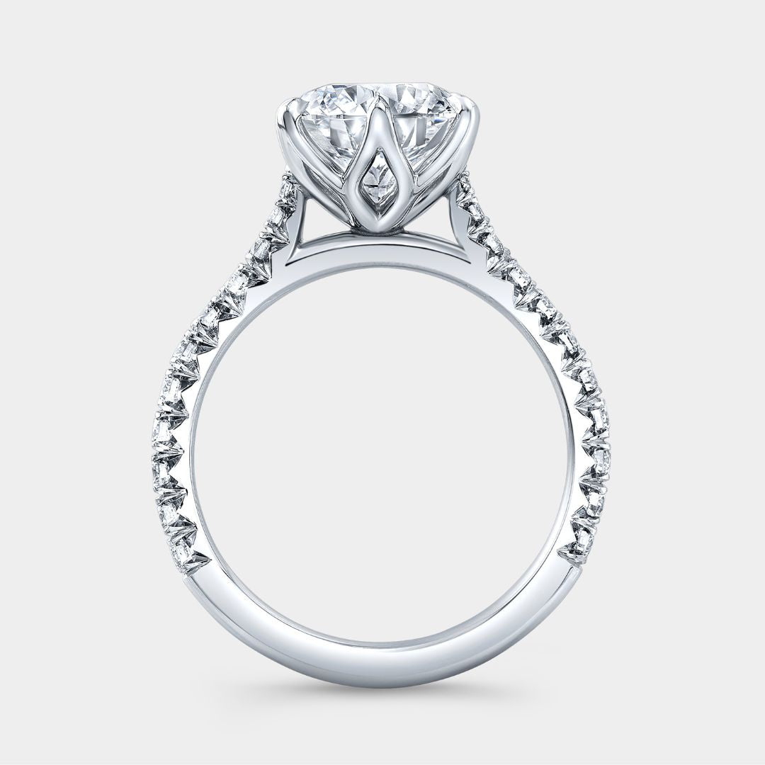 Round Diamond 6 Prong Tulip Tapered Cathedral with French Pave Platinum Engagement Ring