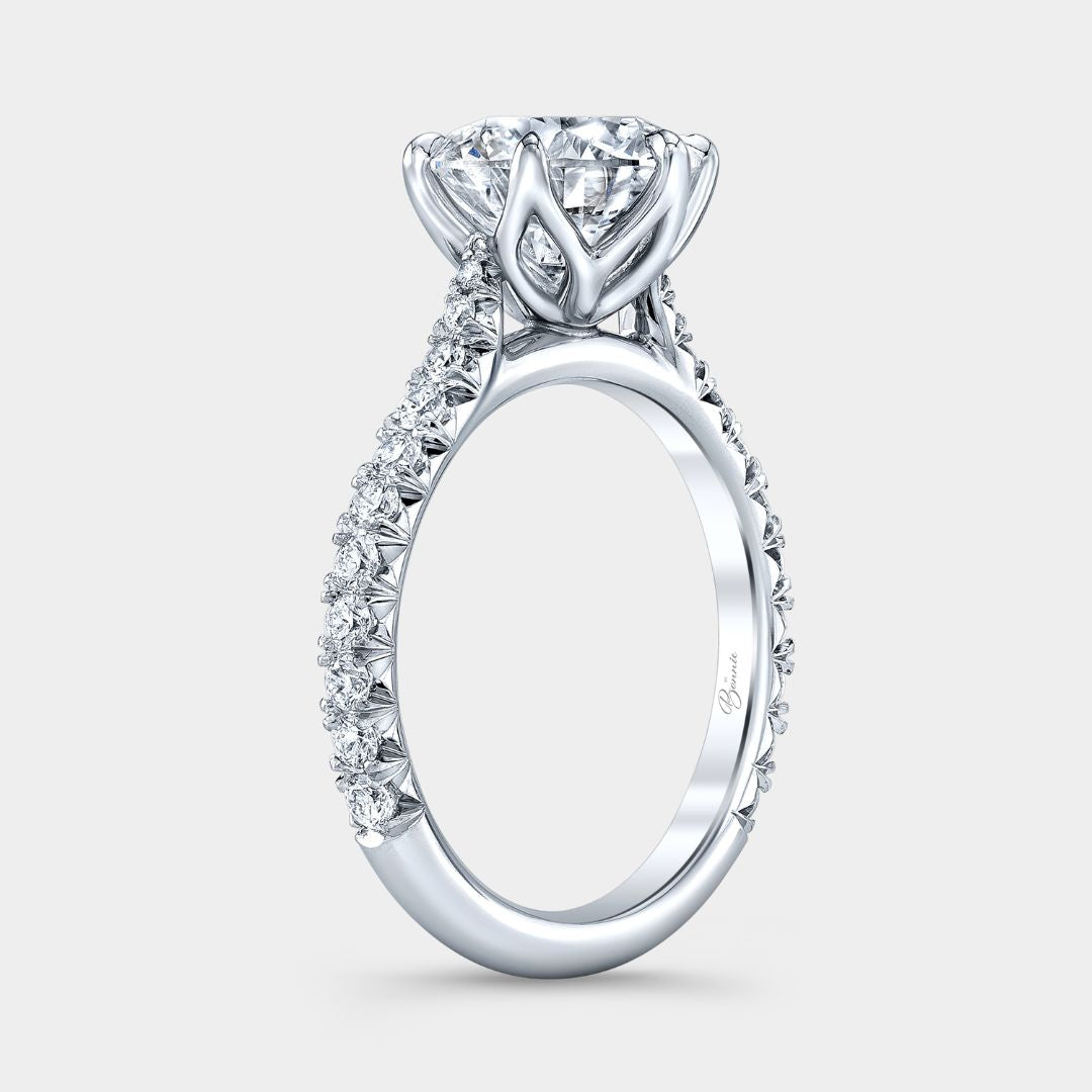 Round Diamond Tulip Tapered Cathedral with French Pave Platinum Engagement Ring