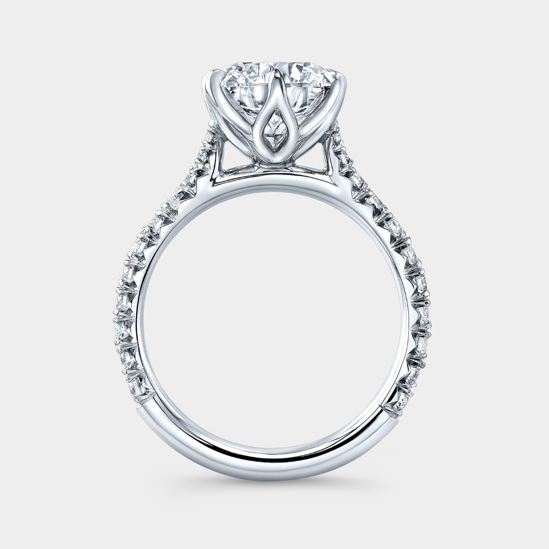 Round Diamond Tulip Tapered Cathedral with French Pave Platinum Engagement Ring