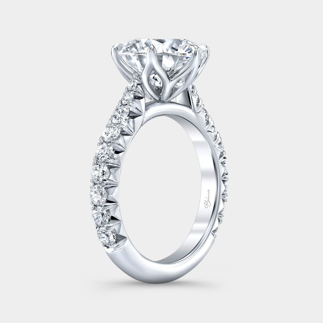 Round Diamond Tulip Tapered Cathedral with French Pave Platinum Engagement Ring